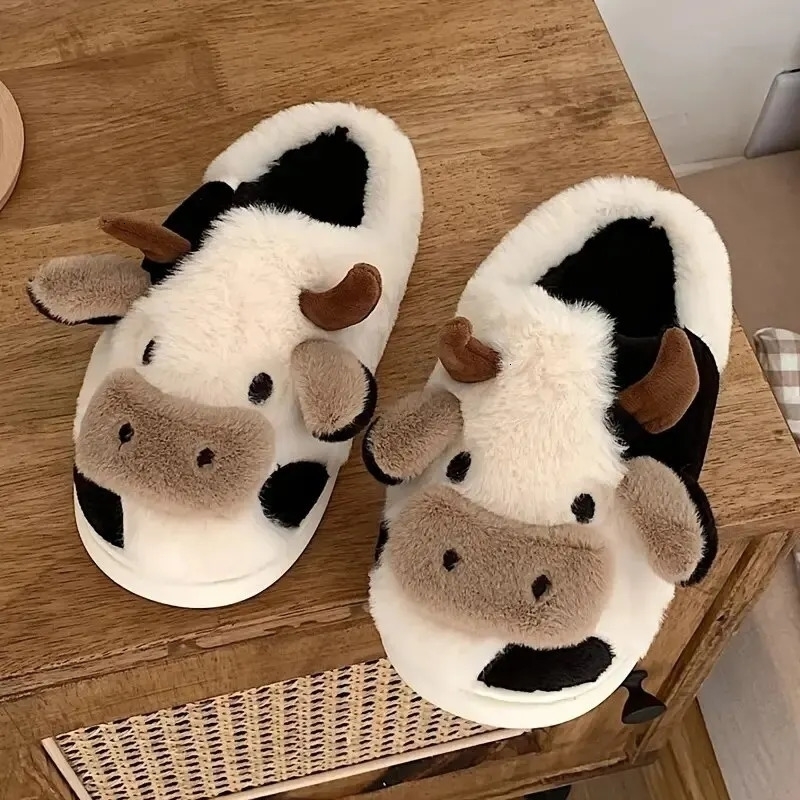 Womens Cartoon Cute Cow House Slippers Warm Plus Lined Closed Toe Fuzzy Home Slides Womens Fluffy Comfy Shoes Winter Autumn 241025