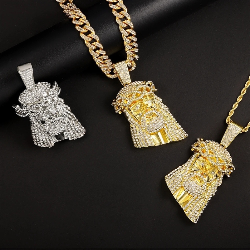 Iced Out Jesus Christ Head Charm Pendant Rhinestone Necklace With 13mm Miami Cuban Link Chain Hip Hop Style For Men Women Gift 250313