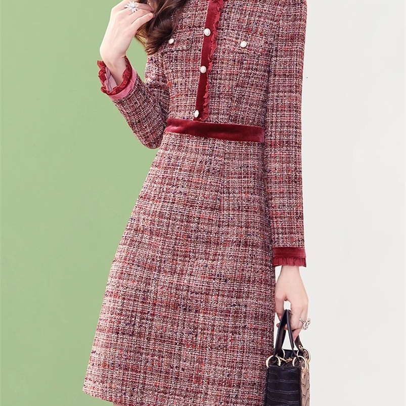 EVNISI Vintage Tweed Dress Winter Diamonds Ruffle Wine Elegant Dresses Plaid Beaded Woolen Flamingo Dress Women Autumn 240823