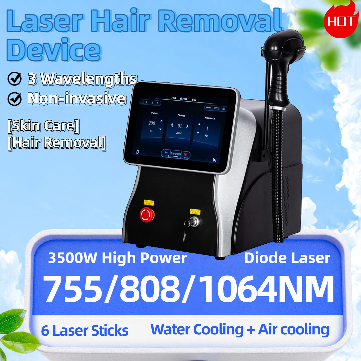 Professional Grade 808NM 808/755/1064 nm Hair Removal Device Featuring an Advanced Cool-Skin Technology & Three Different Lasers Settings