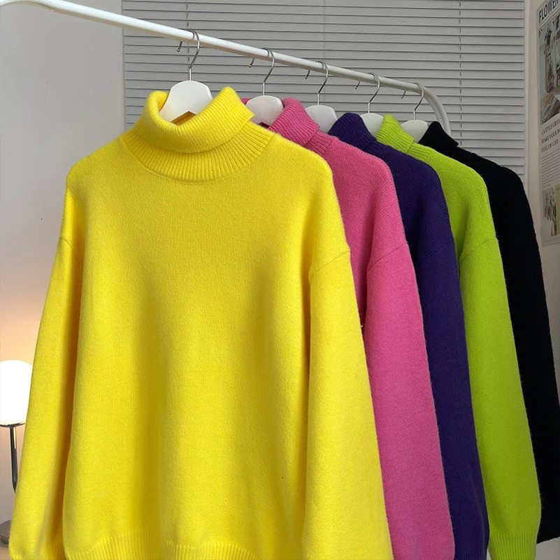 Autumn Dopamine Sweater UK Solid Color High Neck Knitted Sweater Pullover Hip Hop Basic Knitted Top 241113