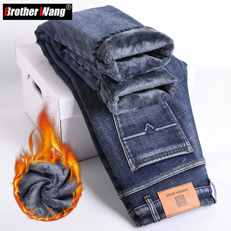 Winter Mens Warm Jeans Thicken Fleece Slim Straight Soft Elastic Business Casual Denim Pants Male Trousers Blue Gray 250116