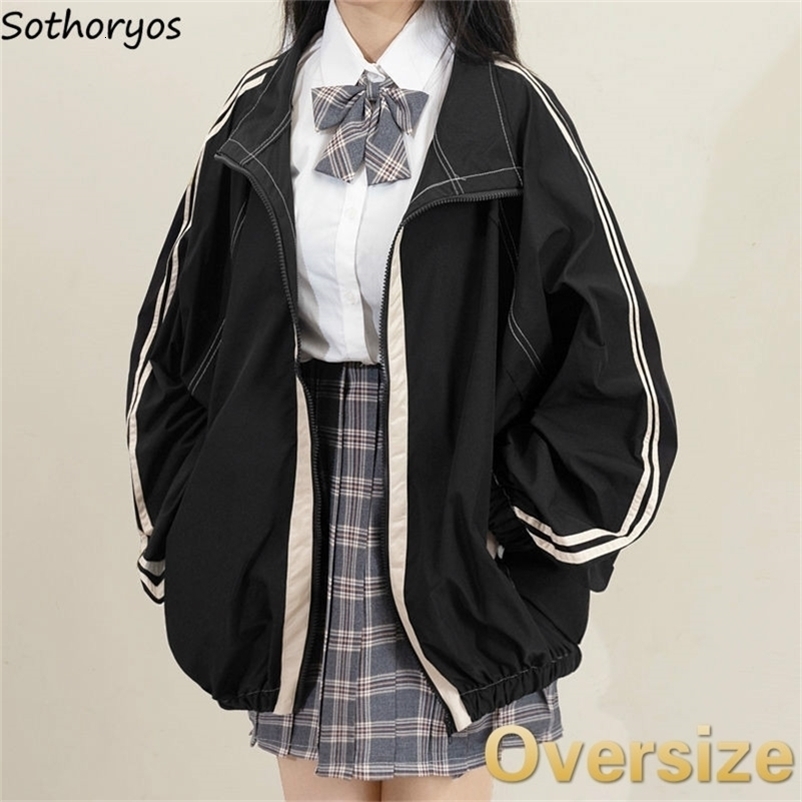Jackets Women Striped All-match Females BF Harajuku Stand Collar Zipper-pocket Leisure Streetwear Wind-proof Outwears 220818
