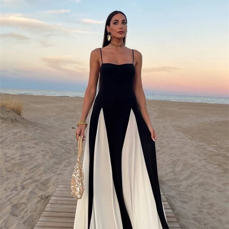 Elegant Black White Contrasting Women Sling Dress Fashion Backless Sleeveless High Waist Maxi Dresses Female Party A-line Robes 241228
