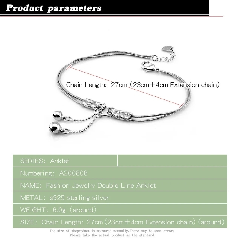 Trendy Jewelry 925 Sterling Silver Double Bell Anklets Barefoot Sandals Jewelry On Foot Ankle Bracelets For Women Girl Leg Chain 240625