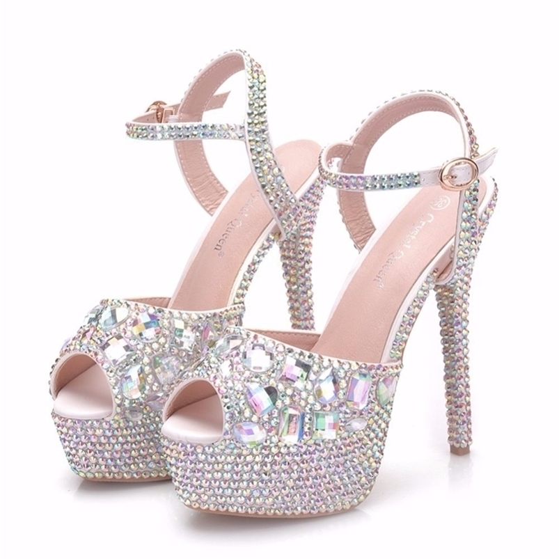 Crystal Queen Diamond Women Super High Heels Wedding Pumps 14cm Peep Shoes Platform 4CM Wristband Colorful Stiletto 220506