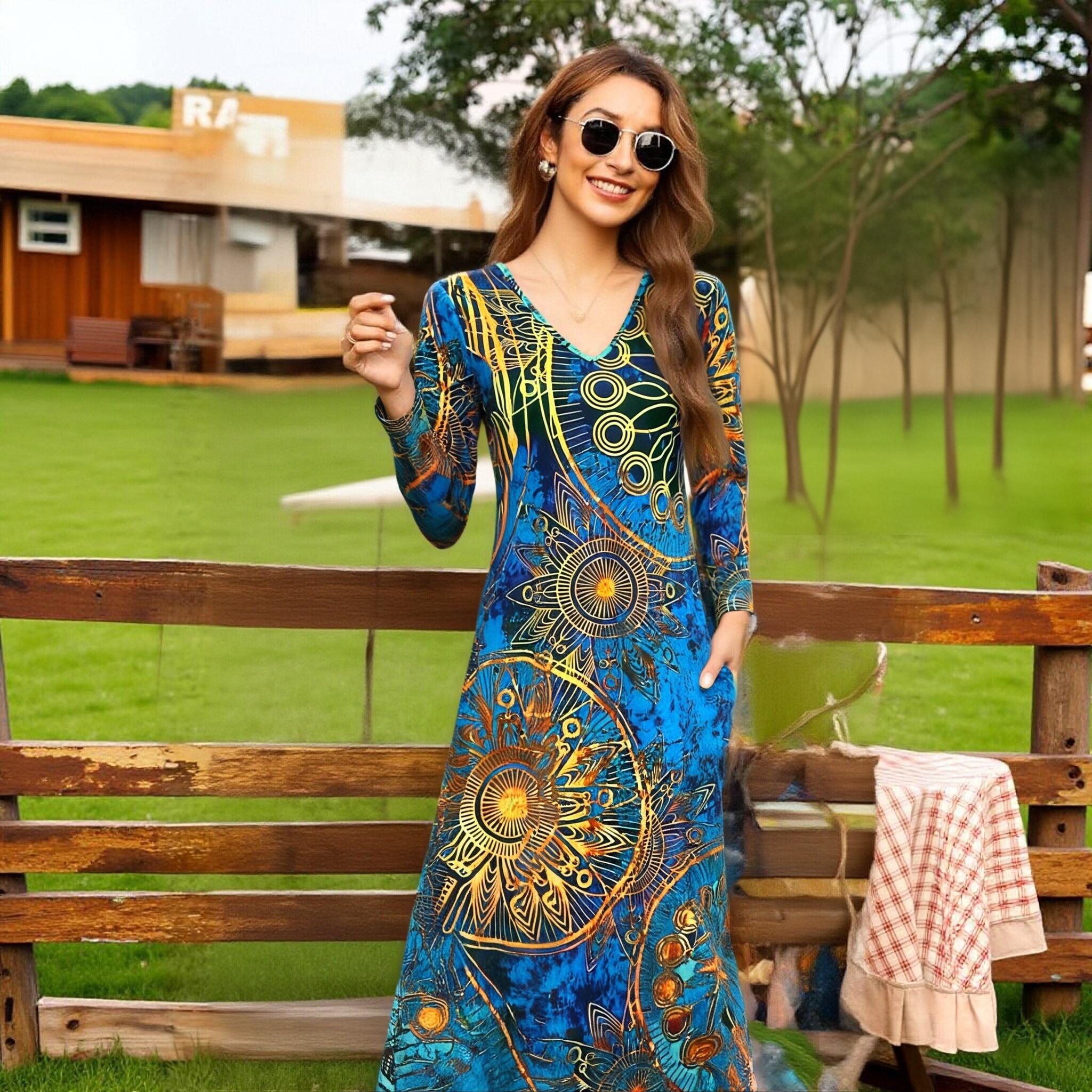 Women's Ethnic Retro Printed Long Dress, V - Neck Long Sleeve Milk Silk Maxi Dress for Party & Casual-CF40367