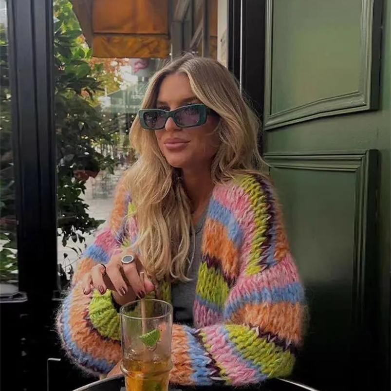 striped long sleeved rainbow plaid heavy handmade versatile cardigan sweater knitted sweater 240824