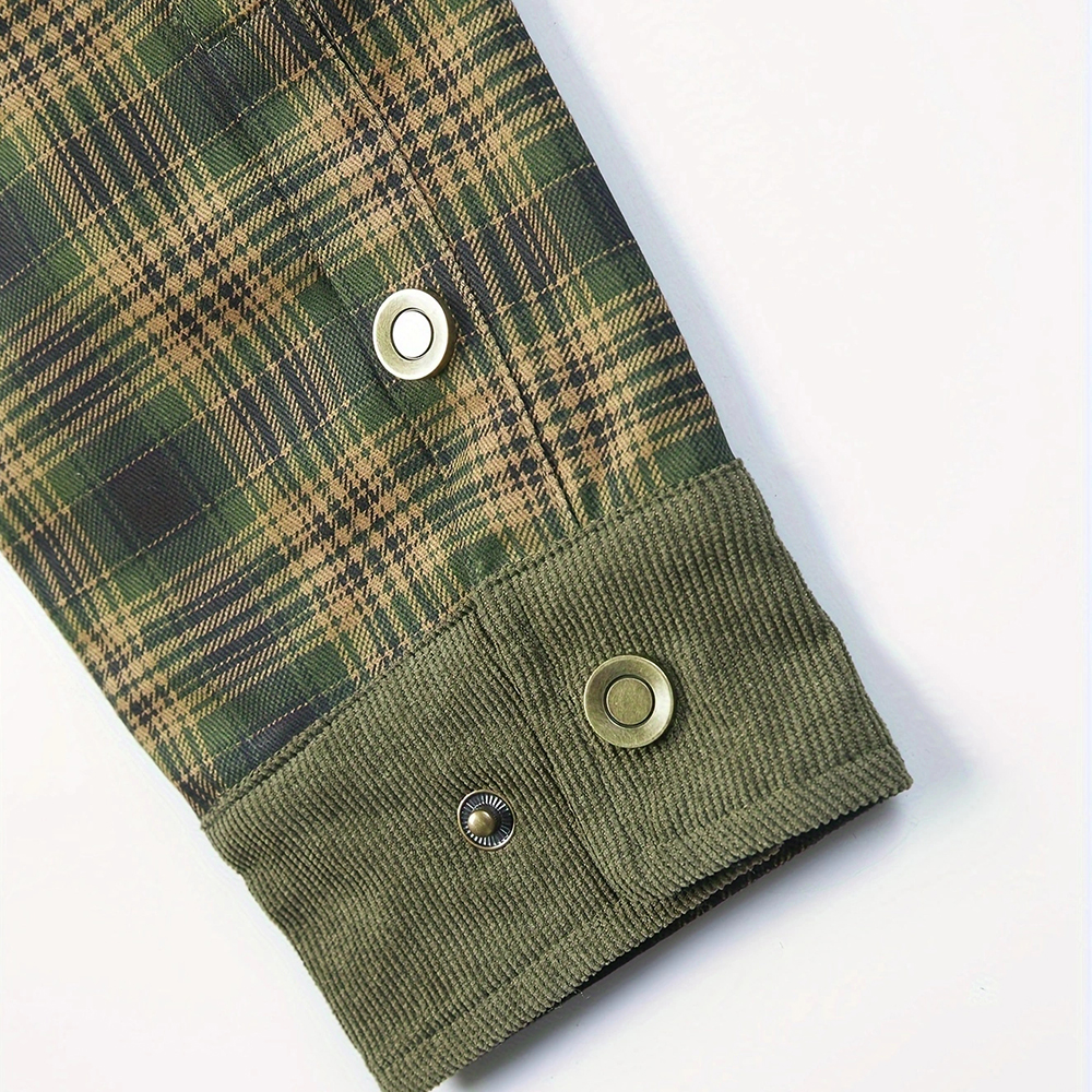 Men's Plaid Shirt Corduroy Spring and Autumn Cotton Jacket Shirt Casual Long-sleeved Button Shirt Coat with Pockets