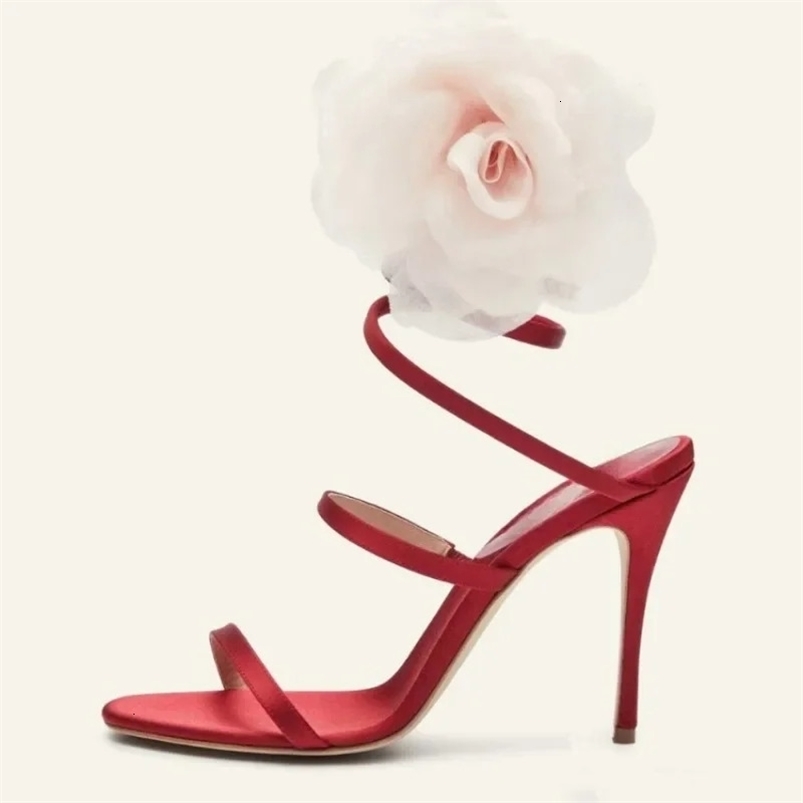 Summer Satin Flower Slim High Heel Sandals Fashionable Ribbon Wedding Bridesmaid High Heel Large Womens Sandals 240528