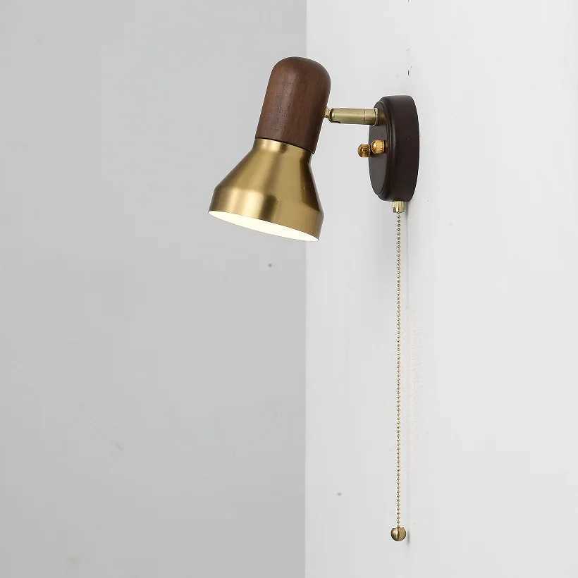 Retro LED solid wood wall lamp with zipper switch living room aisle bedroom bedside lamp with adjustable angle reading lighting C251124