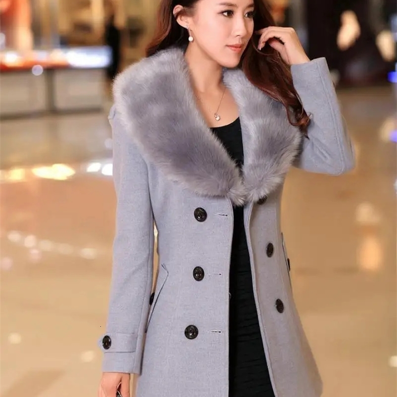 Womens Faux Fur Collar Solid Trench Coats Lady Slim Double Breasted Woolen Jackets Coat Autumn Winter Female Outwear 5Xl 240822
