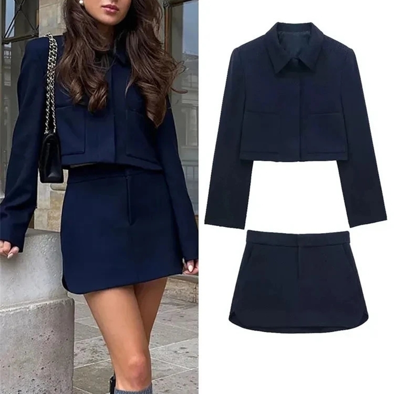 TRAFZA Spring Elegant Womens Short Satin Blazer Suit Zipper High Waist Womens Casual A-Line Loose Pleated Skirt 2-piece Set 240826