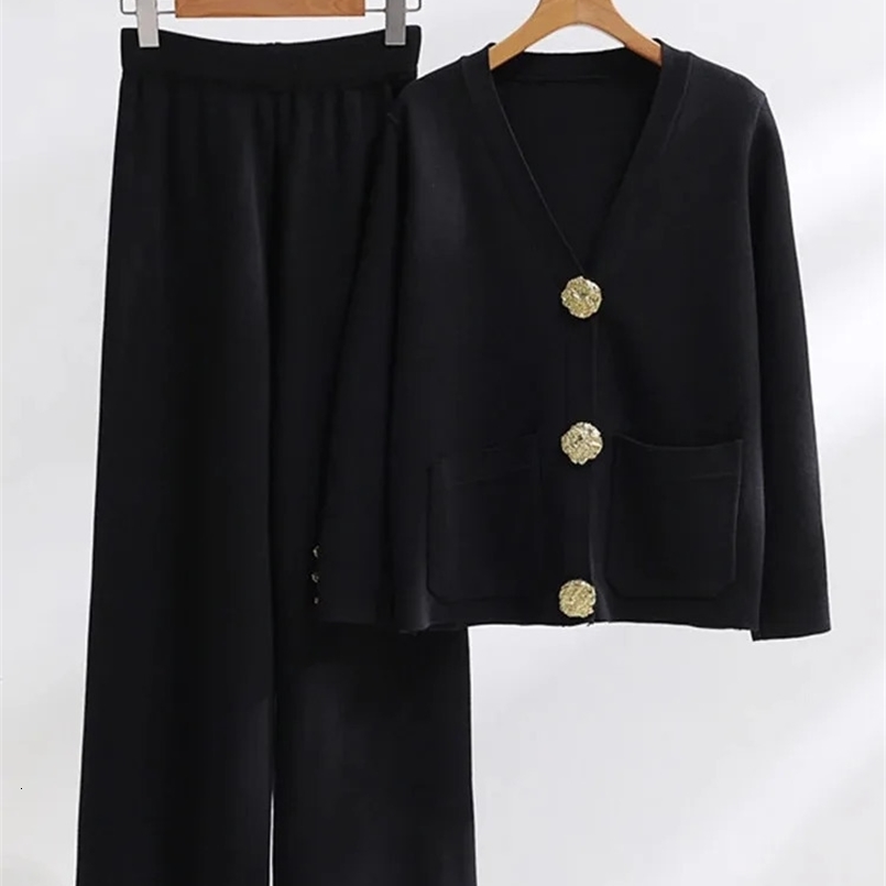 XFPV Women Solid V-Neck Long Sleeve Single Breasted Coat Elastic Waist Wide Leg Pants Two Piece Set Autumn Winter SM9785 240820