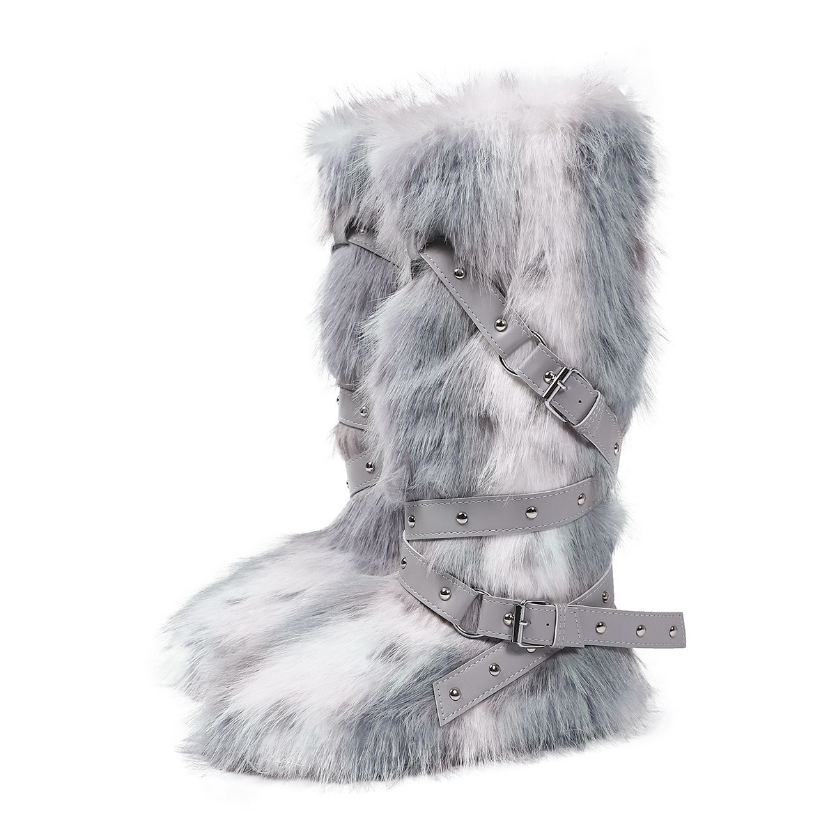 Designer shoes free shipping New leopard print high tube tied furry boots with children's velvet and rivet thick bottom snow boots grey khaki