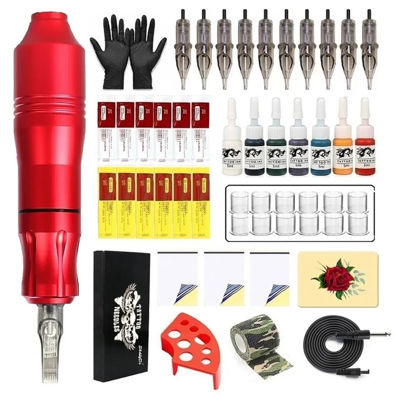 Professional Tattoo Machine Kit Complete DC Jack Rotary Machine Pen with 10pc Cartridge Needle 7pc Ink For Tattoo Beginner Sets 231229