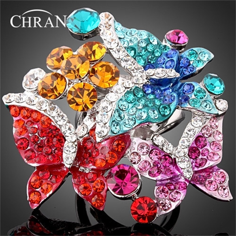 Wedding Rings CHRAN Vintage Style Colorful Butterfly Promised Wedding Rings for Women Lovely Rhodium Plated Crystal Engagement Rings Jewelry 230713