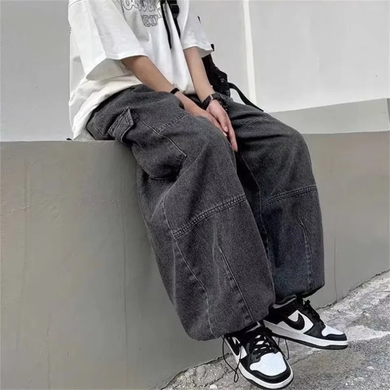 HOUZHOU Y2k Baggy Cargo Jeans for Men Oversize Wide Leg Denim Pants Male Hip Hop Trousers Pockets Streetwear Loose Patchwork 240227