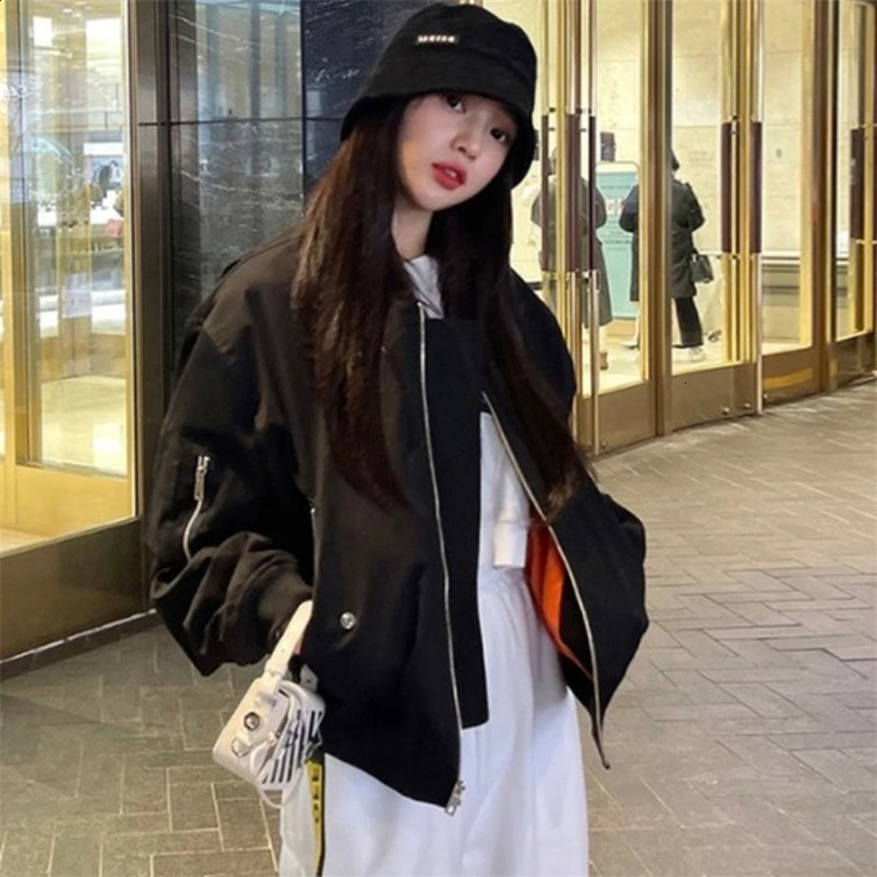 Deeptown Korean Fashion Bomber Jacket Women Oversize Streetwear Chic Elegant Female Zipper Baseball Jackets Winter Black Coat 240827