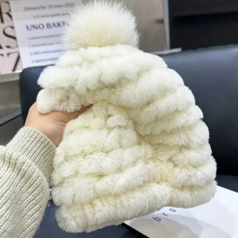 Rex Rabbit Fur Hat Fashion Baotou Hat With Big Fox Fur Ball Thickened Warm Ear Protection Hat Winter Good Elastic Real Fur Hats Z251029