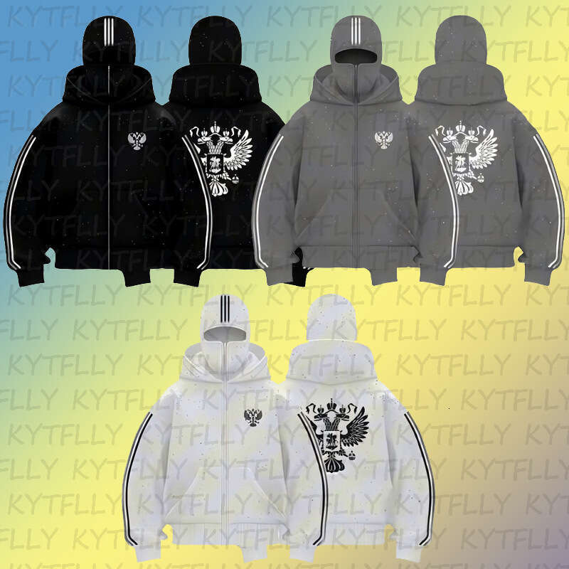 American Style Trendy Brand Double Hooded Bandit Design Zipper Hoodie Sweatshirt Patch Sequin Pattern Unisex Top