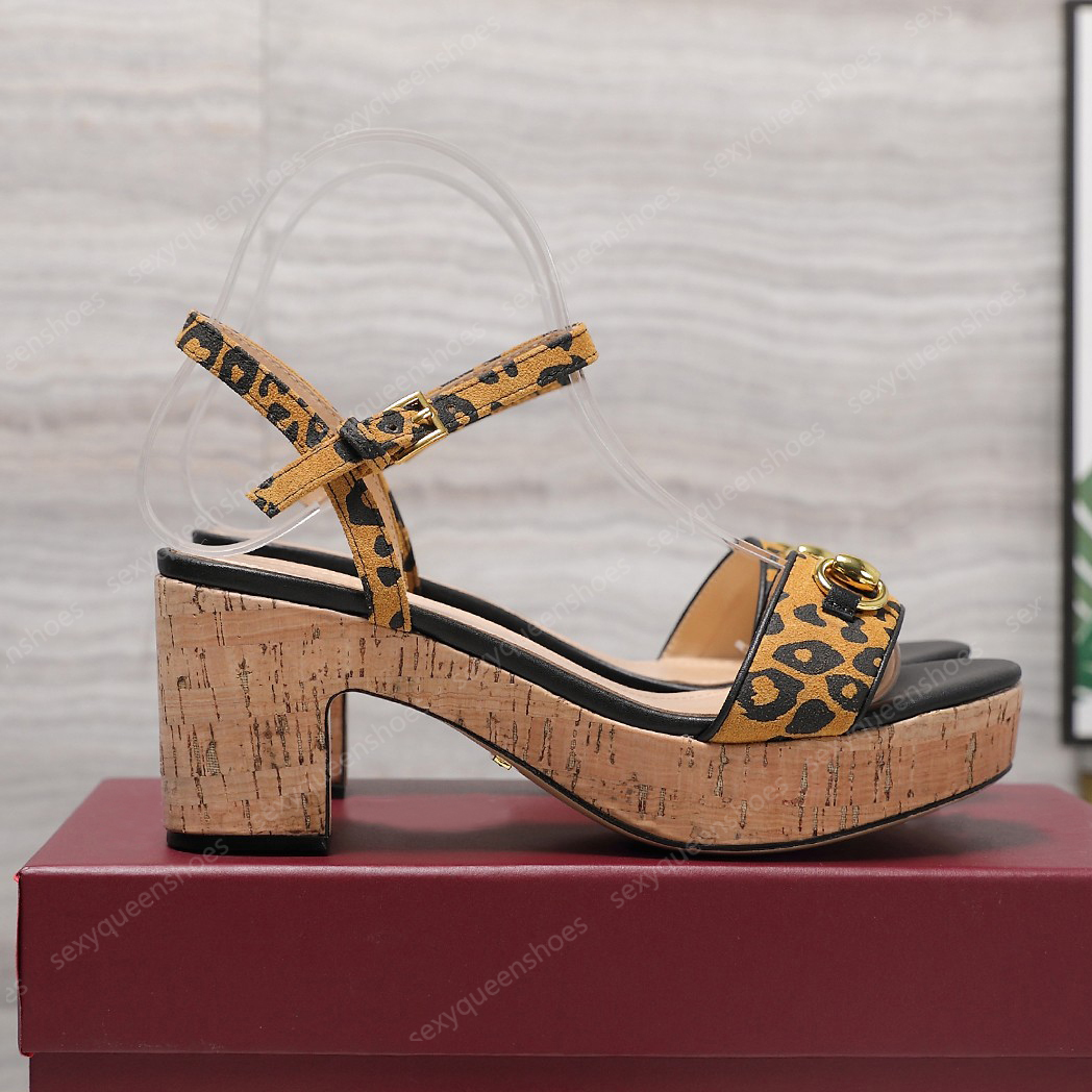 Fashion leopard print horsehair platform heel sandals womens leather luxury designer shoes casual ankle strap buckle thick heel party shoes