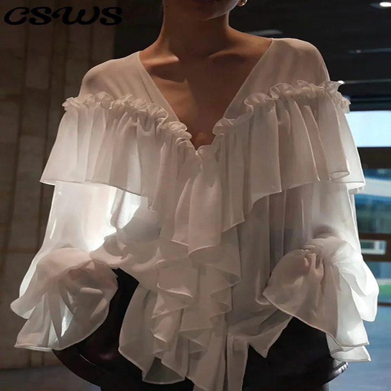 Elegant Ruffle Solid Women Shirts See Through V-neck Long Lantern Sleeve Lady Top 2025 Spring Office Oversize Female Blouses 250313