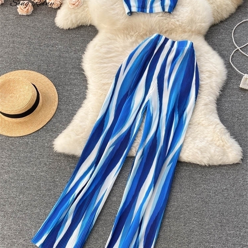 Women's Two Piece Pants SINGREINY Vacation Summer Women Sexy Set Fashion Elastic Waist Short Tops Ruched Slim Ladies Temperament Two Piece Sets 2