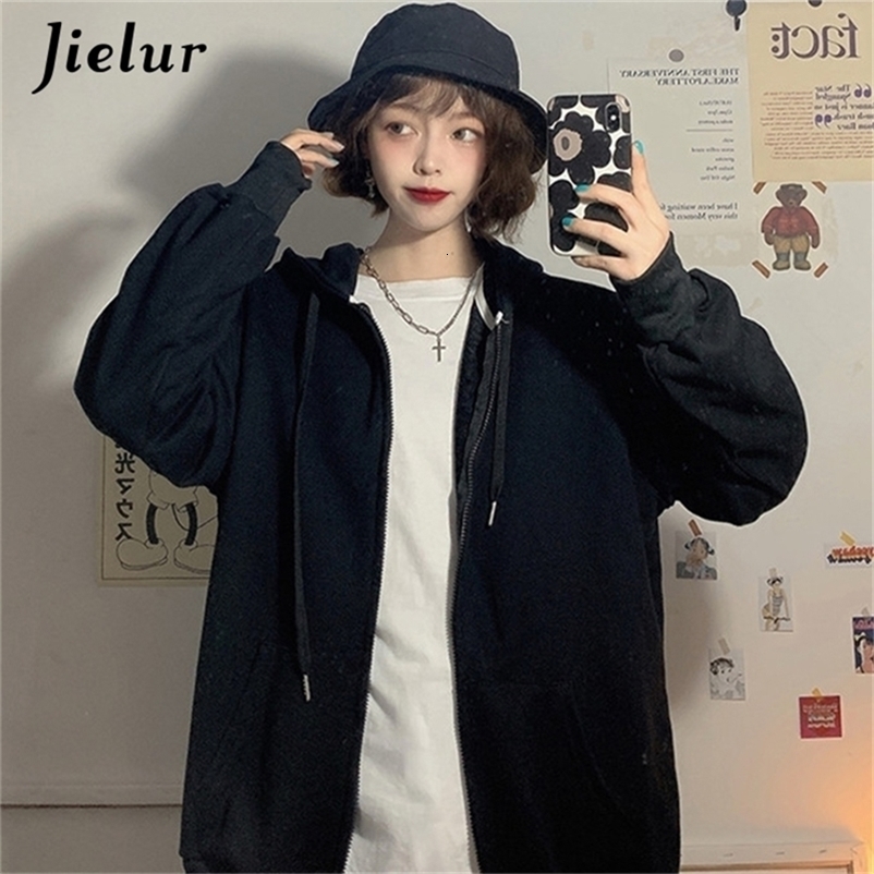 Jielur Brick Red Black Gray Hoodies Female Zip-up Tracksuit Autumn Harajuku Cool Street Fashion Women's Sweatshirt M-XXL 220817