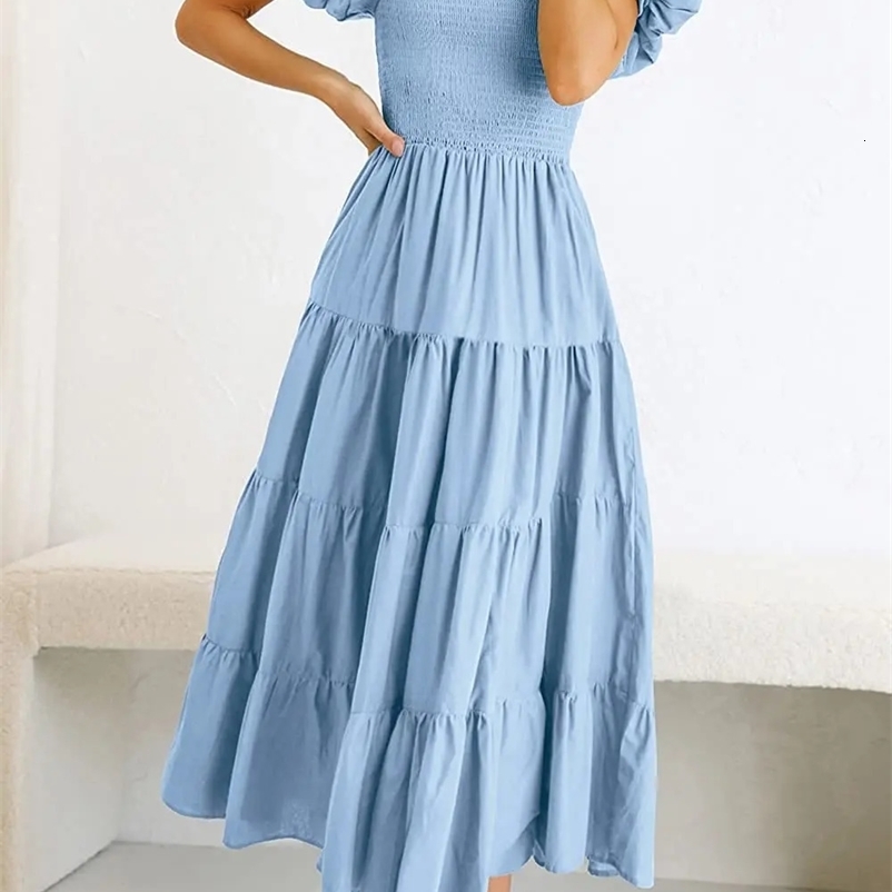 Summer Boho Smocked Maxi Dresses for Women Casual Puff Sleeve Square Neck A Line Tiered Ruffle Long Beach Dresses 240529
