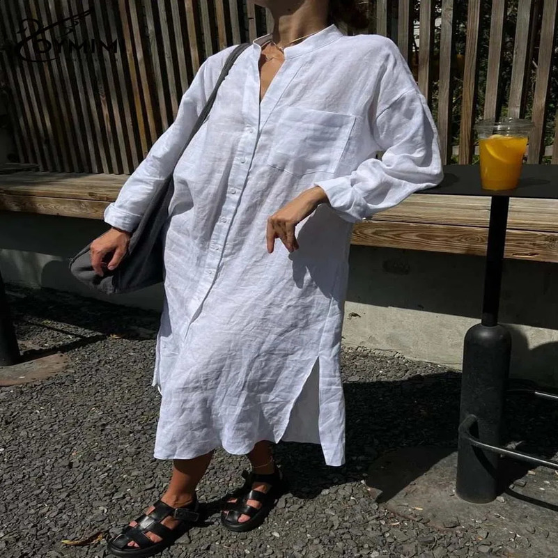 Oymimi Fashion White Cotton Womens Dresses Elegant Long Sleeve Single Breasted Dresses Casual Pockets Side Slit Mid-Calf Dress 250122