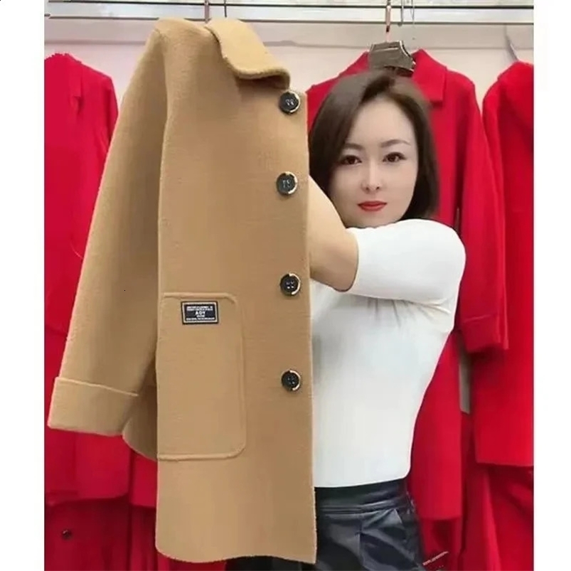 5XL High End Large Size Women Double-sided Cashmere Woolen Coat Autumn Middle Aged Female Korean Loose Mid-Long Wool Outwear 240822