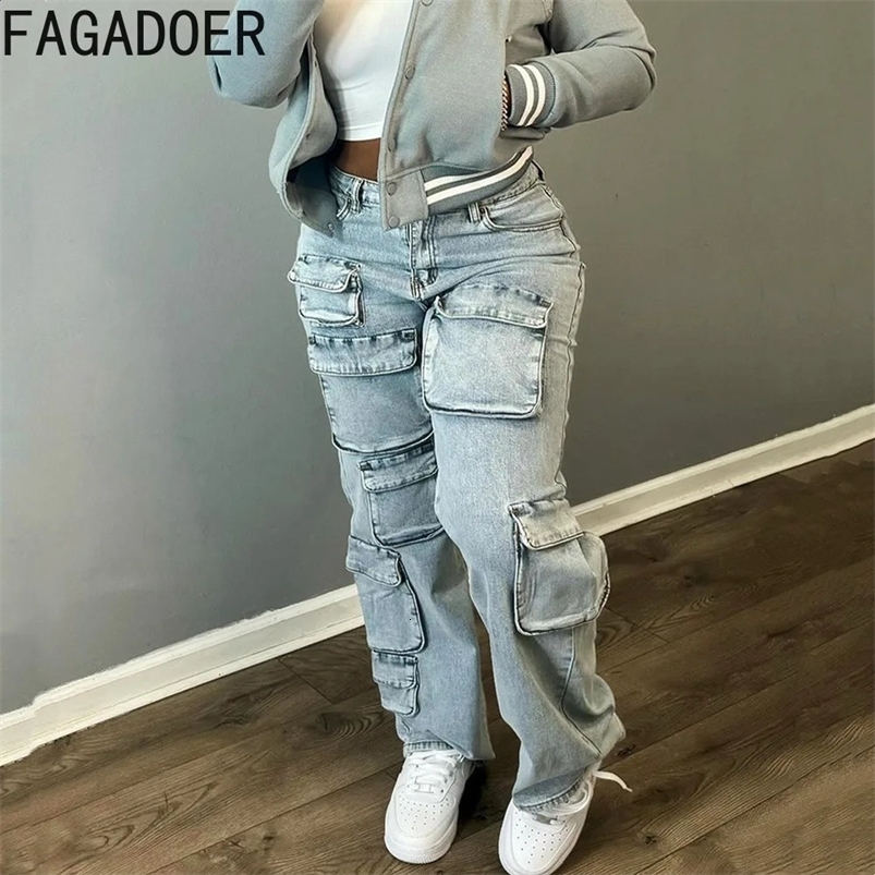 FAGADOER Vintage Denim Pocket Cargo Pants Women High Waisted Button Straight Jean Trousers Casual Female Cowboy Bottoms Z260313