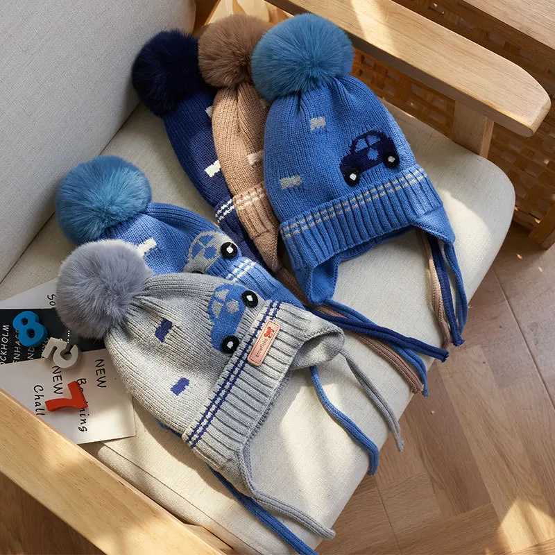 Cartoon Baby Ear Protection Knit Hat Winter Warm Kids Earmuffs Cap 14 Years Boy Girl Children Tie Up Beanies Pompom Ball Bonnet Z2509221