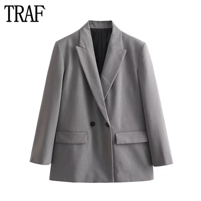 TRAF Grey Oversize Long Blazer Women Double Breasted Blazers for Women Winter Office Jacket Women Masculine Blazer Woman 240826