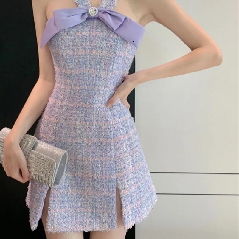 Womens high quality purple bow patched spaghetti strap tweed woolen a-line short dress SML 240529