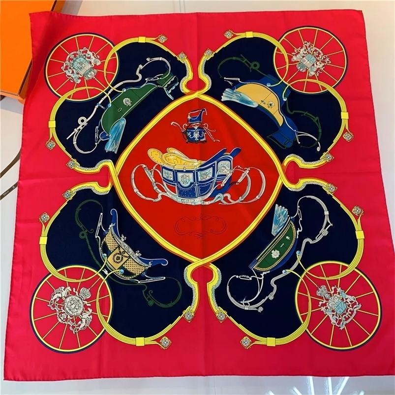 90CM Manual Hand Rolled Twill Silk Scarf Women Pumpkin Carriage Print Square Scarves Wraps Echarpes Curled Femme Bandana Hijabs 240712