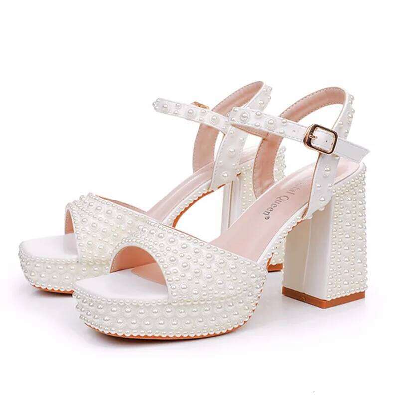 2025 new 9cm thick heel fish mouth waterproof platform round toe root sandals beige suower pearl bridal dress shoes