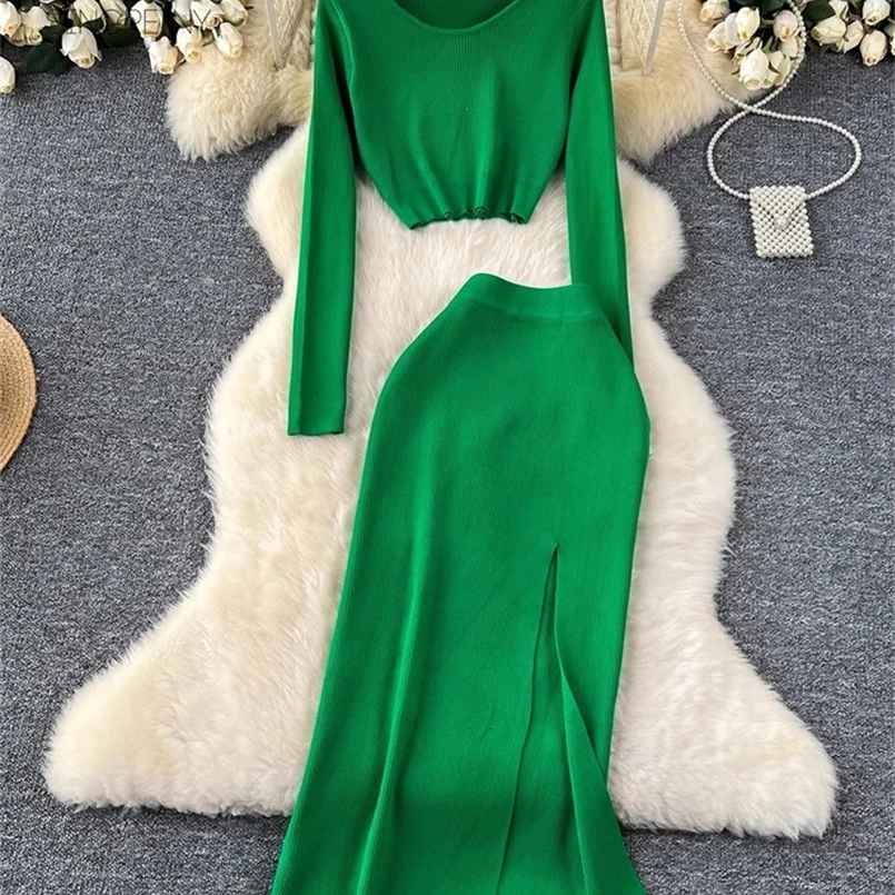 SINGREINY Autumn Skinny Knitted Sets Short TopsSlim Long Split Skirt Women Korean Style Sweater Fashion Two Pieces Suits 240820