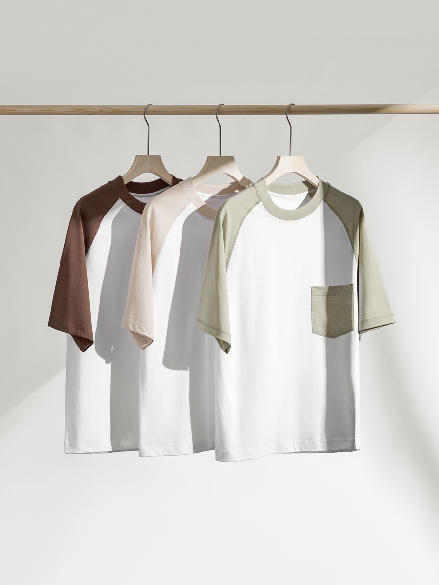 Men's Summer Short Sleeve Raglan T-Shirt - 100% Cotton, Color Block with Pocket, Casual Style, Ideal for Wholesale -76Z