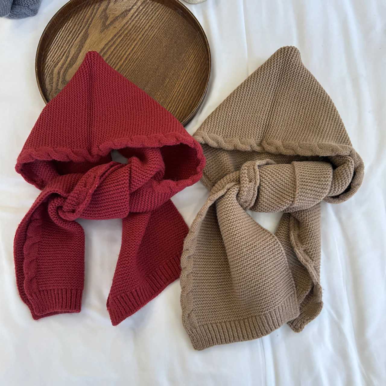 Korean Girls Balaclava Scarves Cap Solid Color Woolen Hat Children Scarf Fashion Kids Knit Shawl 210Year Winter Warm Headgear Z251029