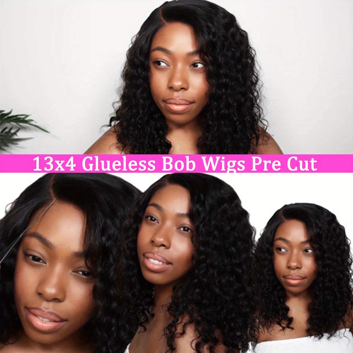 13X4 Bouncy Deep Wave Glueless Bob Wig 200% Density Human Hair Wigs Deep Wave Lace Front Wigs Upgraded