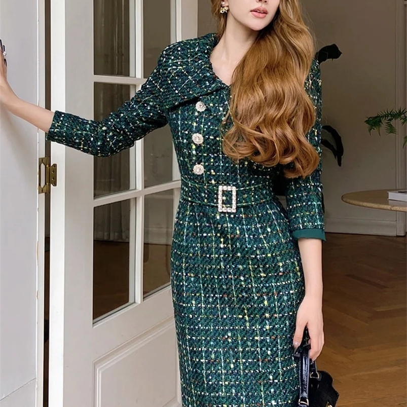 High-End Large Lapel Tweed Dress Autumn Winter High Waist Slim Long Sleeve Dress Office Lady Elegant Feminine Dresses 240823