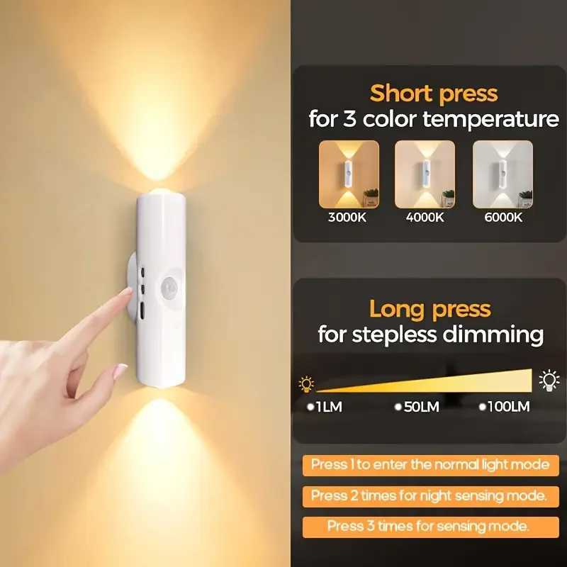 1246PCS 3color Adjustable LED Sensor Light USB Charging Intelligent Night Light Wall Mounted Suitable for Bedside Desk C251124