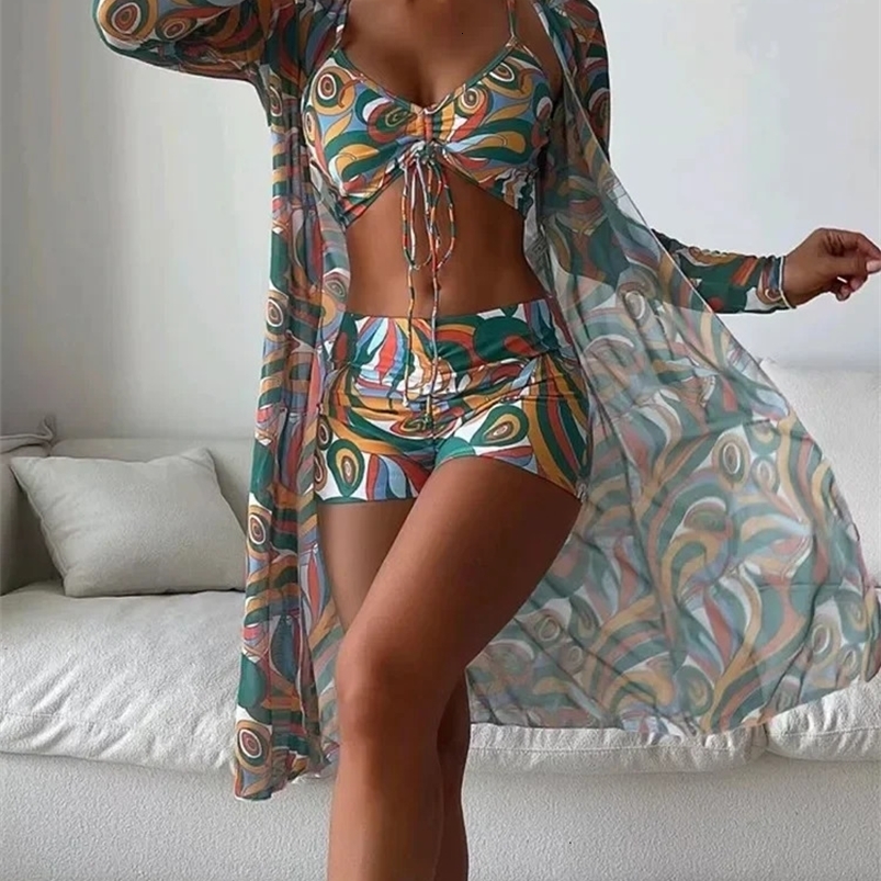 Tropical Print Bikini 3pack Drawstring Ruched Cover Up Women Swimsuit Long Sleeve Swimwear Beach Wear Bathing Suit 240327