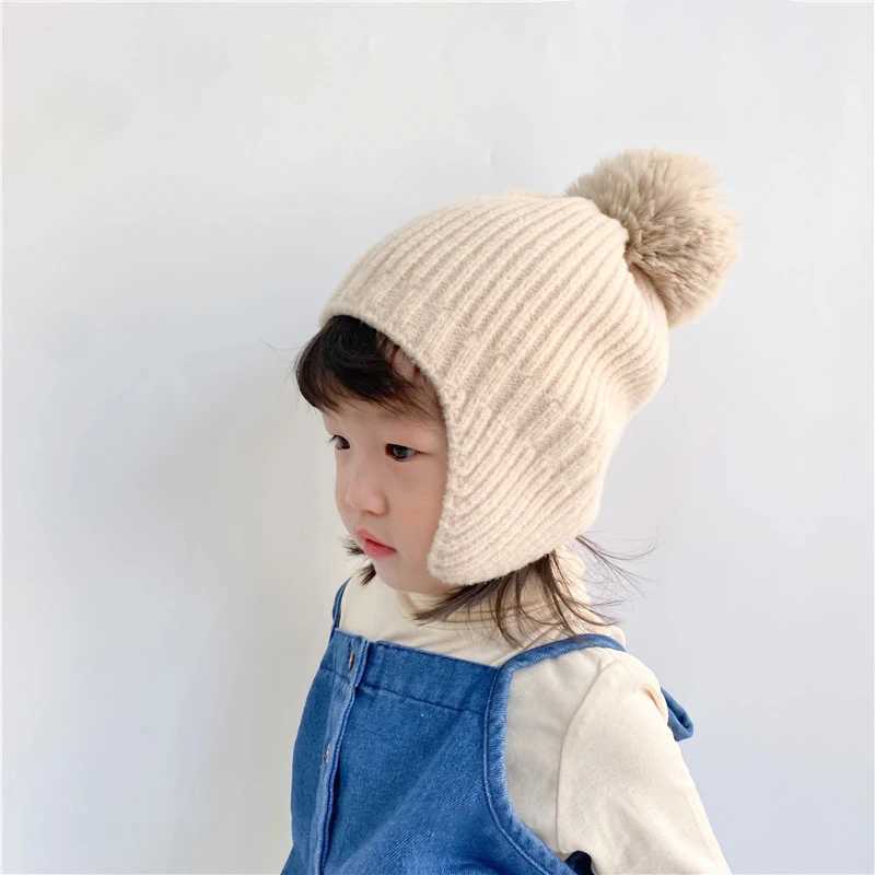Fluffy Fur Ball Children Knitted Hat Winter Baby Ear Protection Pullover Cap 25year Kids Woolen Earmuffs Caps Pompom Beanies Z251029