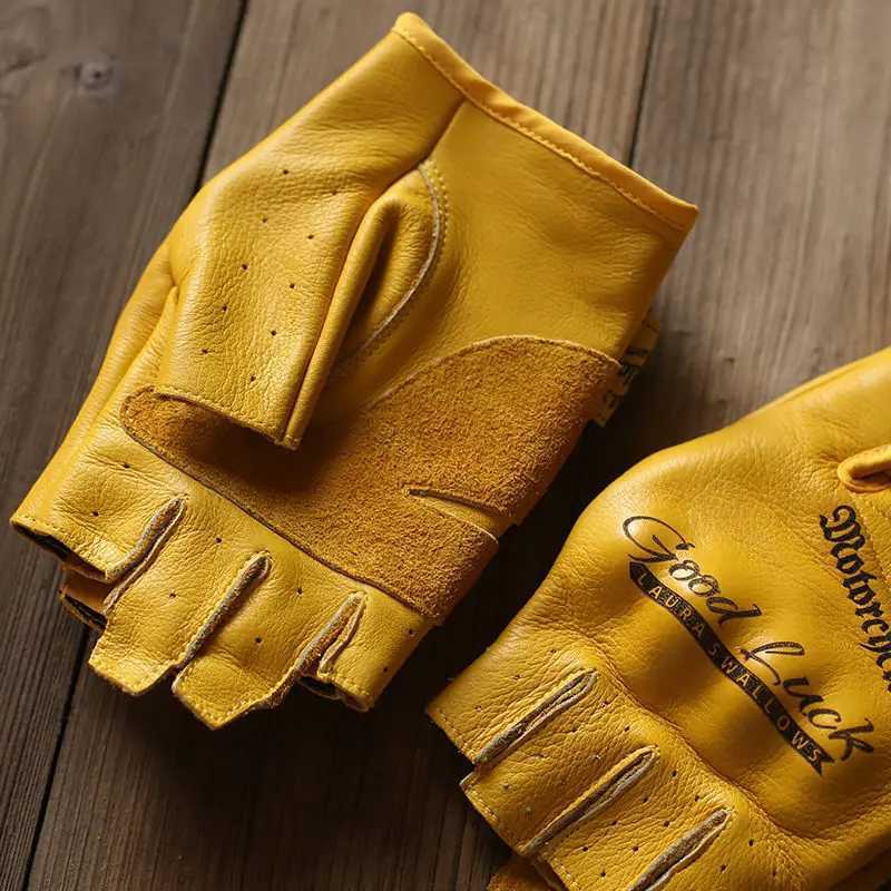 Cowhide half finger For Bicycle gloves exposed finger riding outdoor leather Cycling Fingerless gloves motorcycle equipment J250922