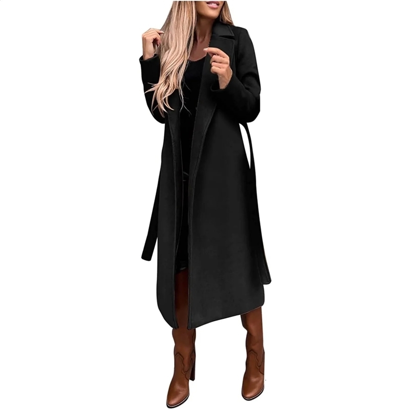 Womens Winter Woolen Coat Elegant Lapel Trench Coat Solid Color Long Jacket Work Tie Long Coat 240822