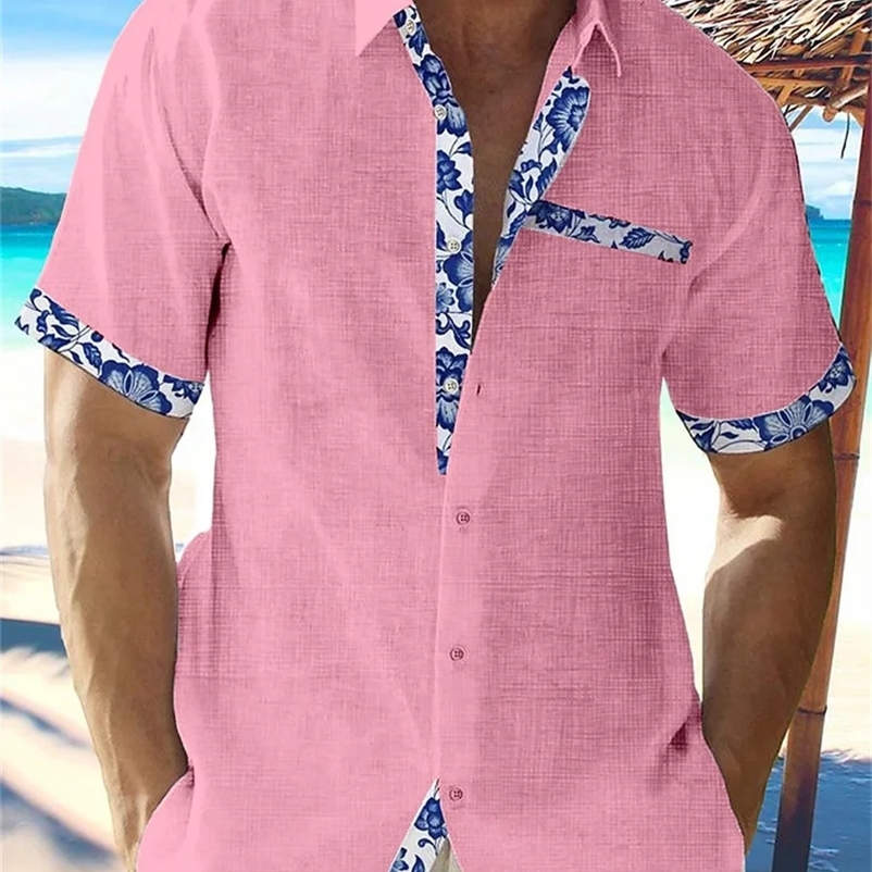 summer fashion mens Hawaiian linen shirt mens casual lace printed beach pocket short sleeve plus size jacket 5 colors. 240529