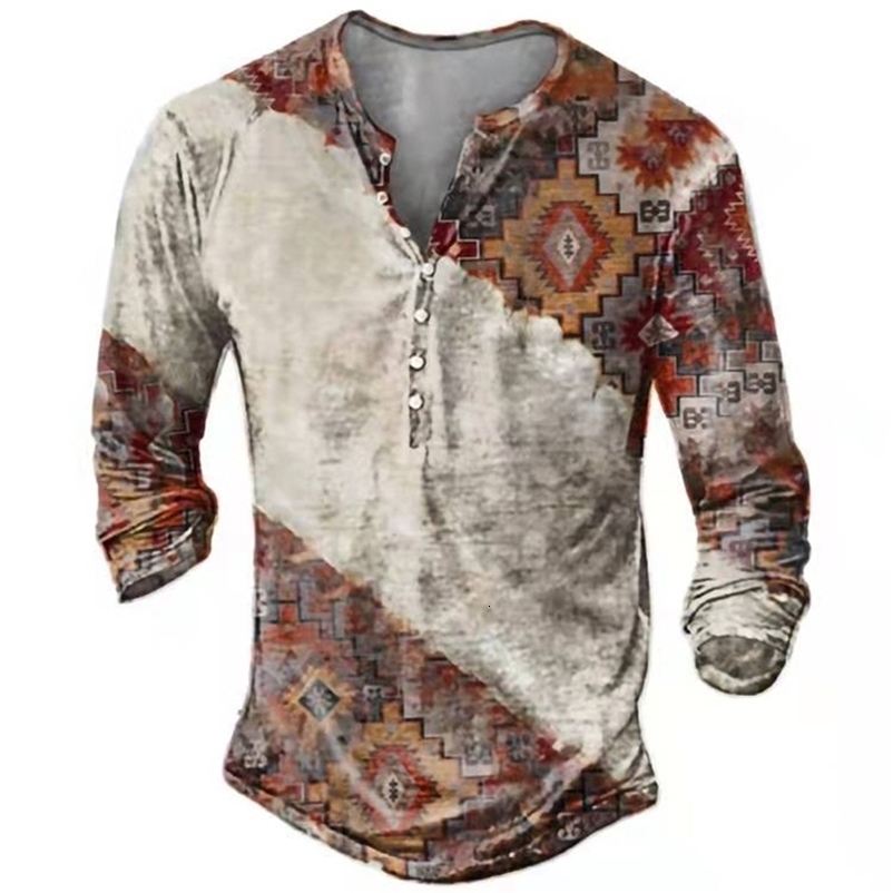 Vintag Fashion Men T-shirt Ethnic Pattern Printed Button Long Sleeve Spring Autumn Oversize T Shirt Men Camiseta Mujer 220819